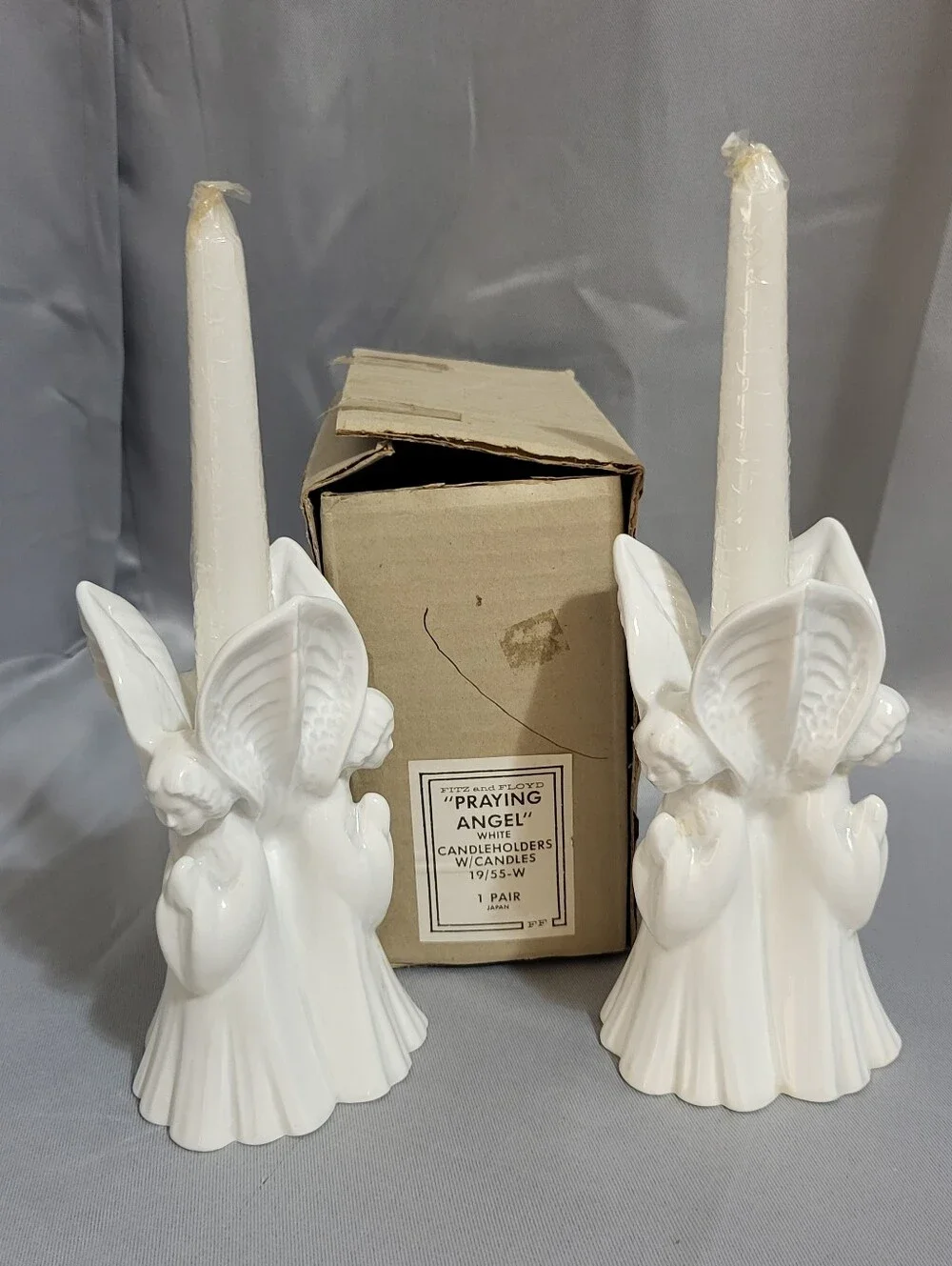 Vintage Pair Fitz and Floyd Praying Angels Candleholders with Candles Box Japan